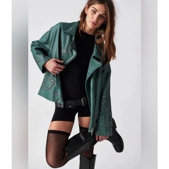 NWT Free People x Brenda Knight Chain Embellished Biker Jacket Size Small